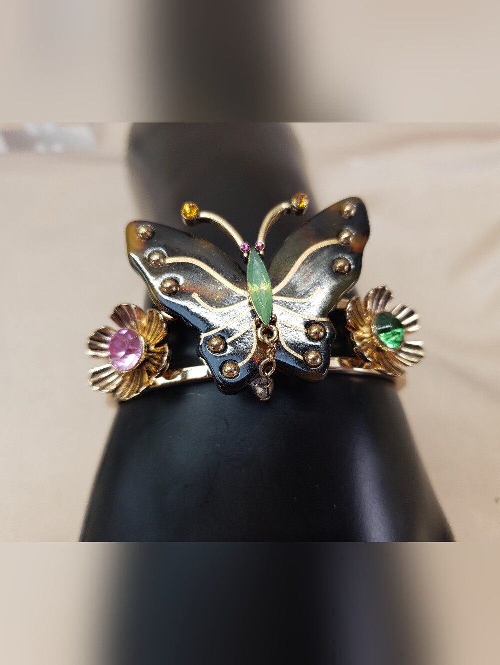 Betsey Johnson Butterfly Hinged Bangle Bracelet Crystals and Faux Tortoise
